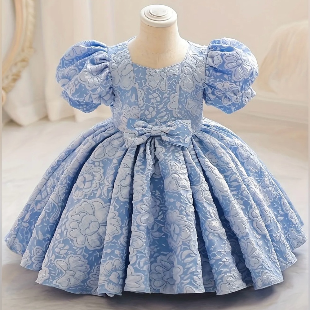 ✨🩵Elegant Baby Blue Brocade Puff Sleeve Dress🩵✨